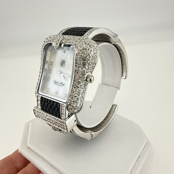Victoria Wieck Watch Buckle Hinged Cuff Crystal Rhinestone Silver Tone Black HSN main image 10